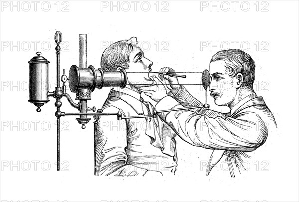 Medicine, Use of the laryngoscope, in 1890, Historical, digital reproduction of an original from