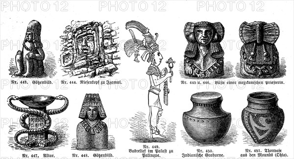 Antiquities from Peru, clay vessels, funerary urns, bust of a Mexican priestess, idols, and palace