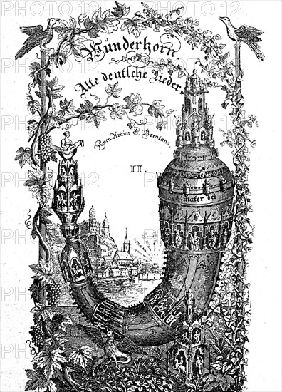 The jubilant Wunderhorn, cover picture of a German song collection from 1808, historical, digital