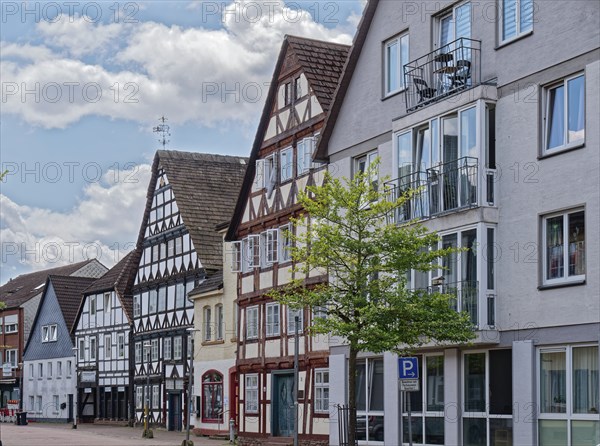 Half-timbered houses on Halbmondstrasse in the centre of Holzminden. Weserbergland, Lower Saxony,