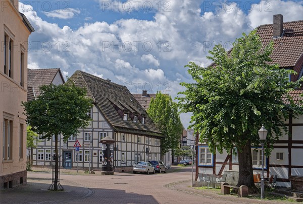 Half-timbered houses on Halbmondstrasse in the centre of Holzminden. Weserbergland, Lower Saxony,
