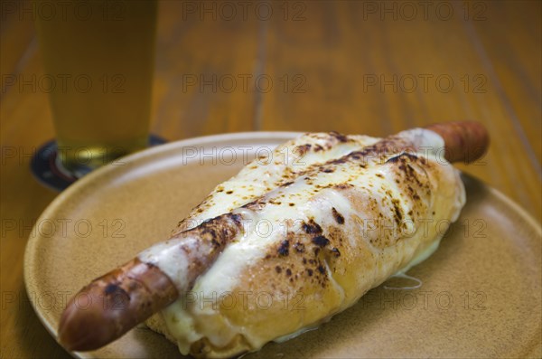 Delicious close-up of traditional Uruguayan hot dog (pancho)