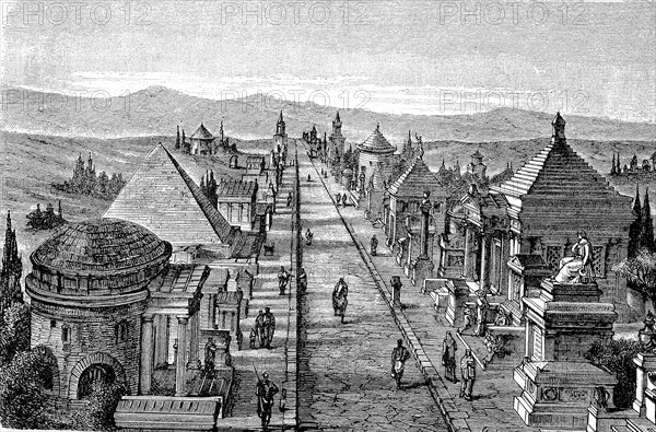 The Appian Way, via Appia, street with funerary monuments in Rome, Italy, 1890, Historical, digital
