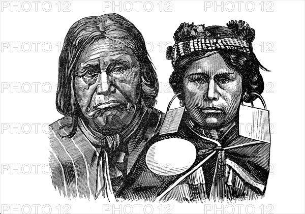 Man and woman from the Araucanian tribe, Indian tribe in the south of Chile, Araucania, Historical,