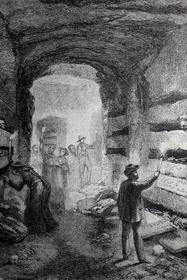Visitors in the catacombs of Rome, Italy, 1880, Historical, digital reproduction of an original