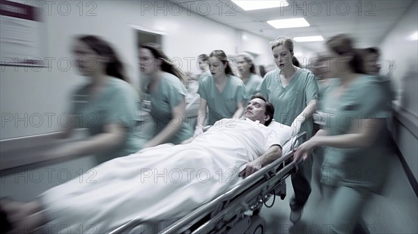 Medical staff quickly transporting a patient on a stretcher down a hospital hallway, creating a