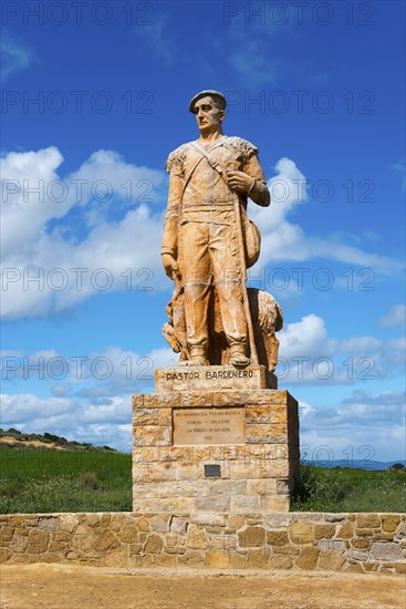 Statue of a pastor on a pedestal in front of a blue sky with clouds, green fields in the
