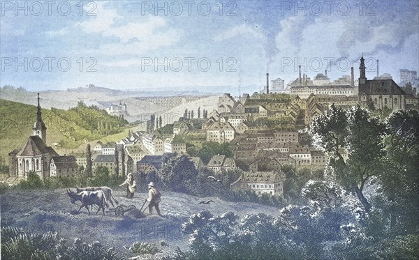 Historical view, 19th century, of the town of Reichenbach, Saxony, Germany, digitally restored