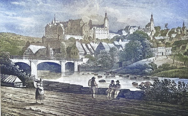 Historical view, 19th century, of the town of Colditz, Saxony, Germany, digitally restored