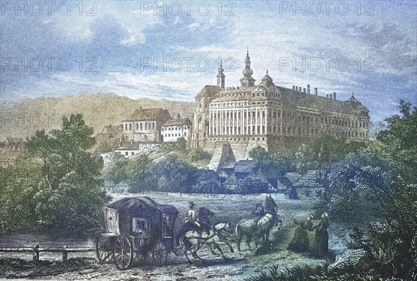 Historical view, 19th century, of the town and monastery of Braunau, formerly Silesia, Germany,