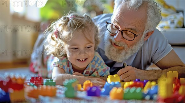 Grandfather and granddaughter playing with lego blocks on the floor, sharing smiles and enjoying