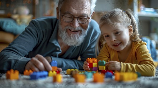 Grandfather and granddaughter happily building with lego blocks on the carpet in a comfortable