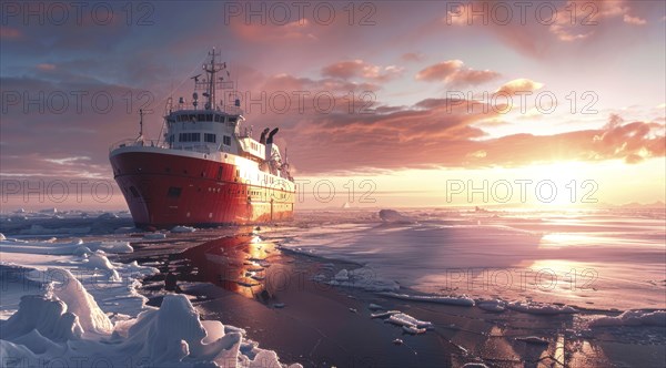 Icebreaker ship is sailing through the ocean, AI generated