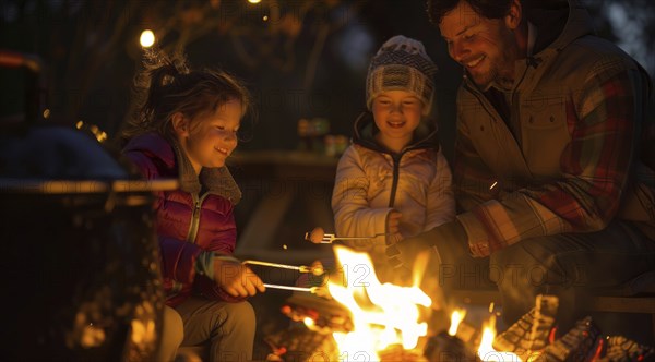 A man, a woman and a child are sitting around a fire. Campfire outdoor fun. Nature enjoyment, AI
