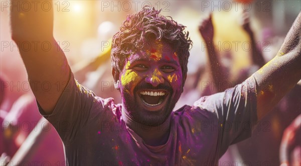 Indian man colored face portrait during Holi Hindu festival, AI generated