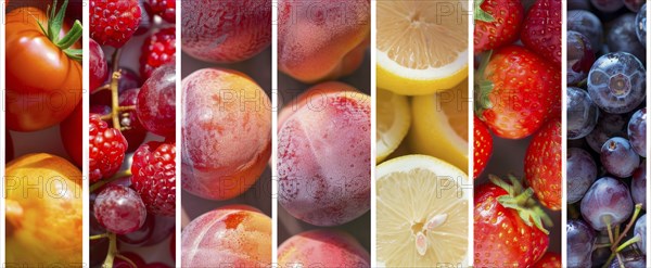 Colorful rows of fruits. Apples, oranges, and grapes. Organic healthy mediterranean diet, AI