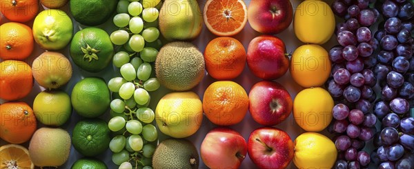 Colorful rows of fruits. Apples, oranges, and grapes. Organic healthy mediterranean diet, AI