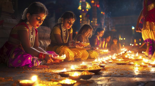 Indian women sits in front of a lit candles during Diwali Hindu festival of lights, AI generated