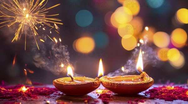 Indian woman sits in front of a lit candles during Diwali Hindu festival of lights, AI generated