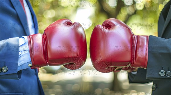Two men in suits boxing in an office. A concept of corporate toxic environment and corporate greed,