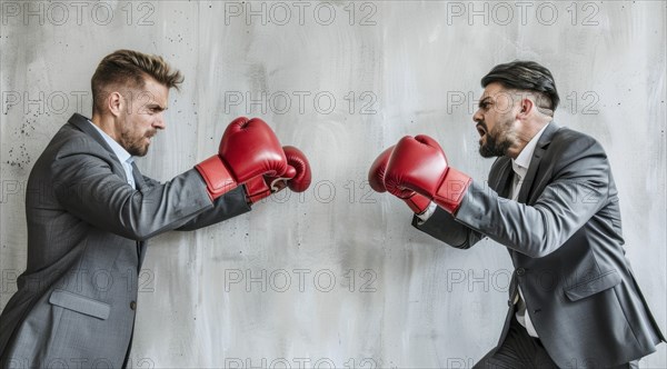 Two men in suits boxing in an office. A concept of corporate toxic environment and corporate greed,