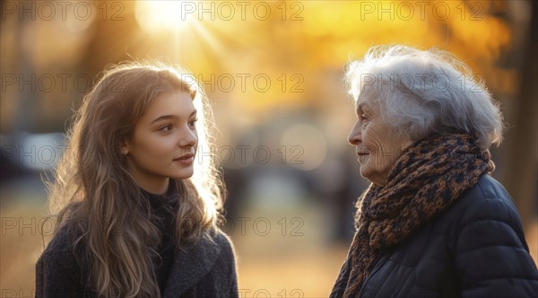 Young and old generations communicate and converse outdoors. Concept of family connection, AI