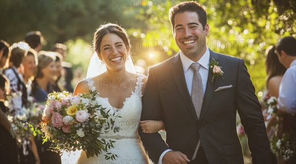 Outdoors luxury wedding and honeymoon time with bride and groom at the wedding ceremony, AI