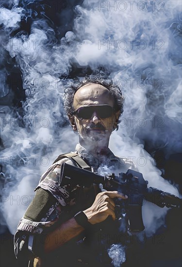 A mercenary in uniform and sunglasses stands in the powder smoke with his assault rifle, AI