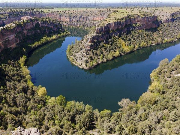 A deep gorge with a calm river surrounded by lush vegetation and trees under a clear sky, aerial