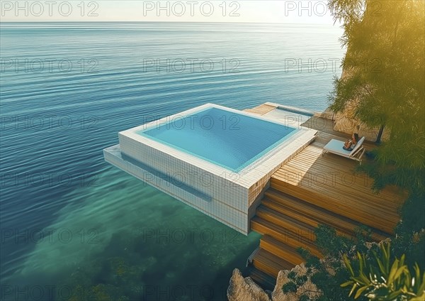 Modern infinity pool extending over a clear ocean with a person relaxing on a deck, surrounded by