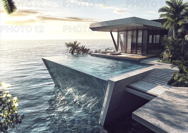 A luxurious modern villa with an infinity pool overlooking the ocean, surrounded by trees and glass