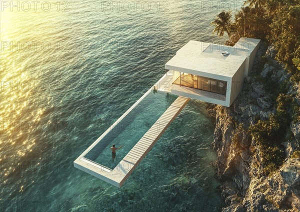 A cliffside villa with an infinity pool and person standing, offering a breathtaking ocean view