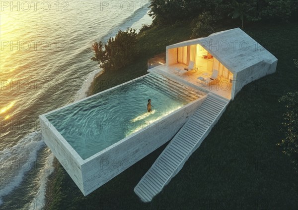 A modern house with a pool and a woman swimming, steps leading down to an ocean view at sunset, AI