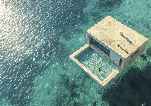 Luxurious modern villa with a floating pool, surrounded by crystal clear turquoise waters and a