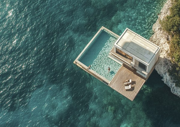 Luxurious floating villa with a private pool, surrounded by turquoise ocean waters and a person