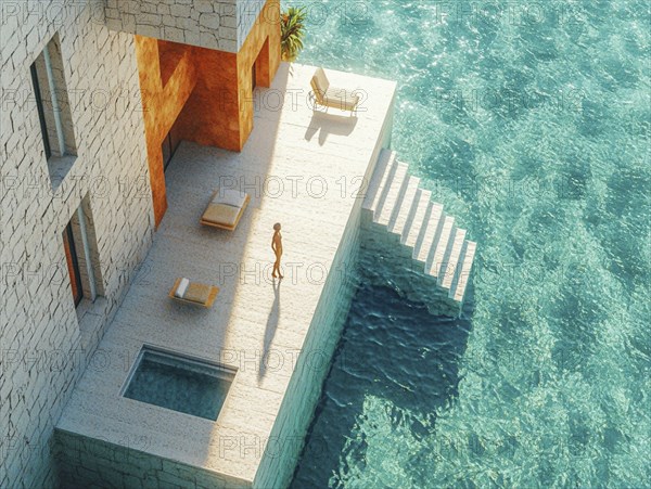 Modern seaside retreat with a pool, featuring a sunlit terrace overlooking clear waters, AI