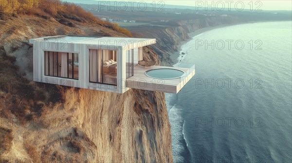 Modern minimalistic cliff house with pool, offering panoramic ocean views, AI generated