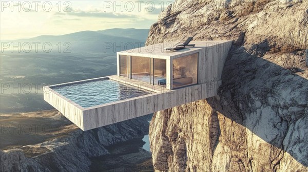 Modern glass-walled cliff house with a pool, offering panoramic views of mountains, AI generated