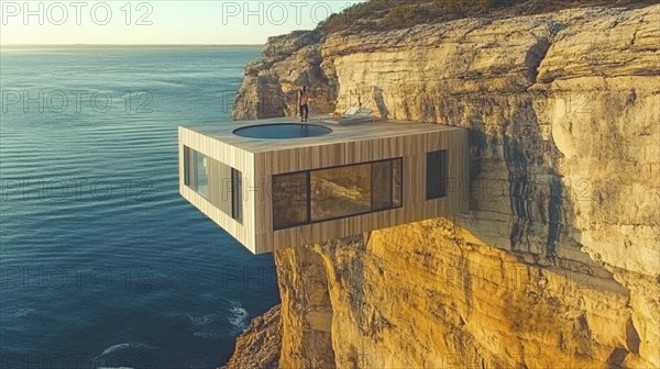 Modern cliff house with large glass windows and a rooftop pool, overlooking the ocean, AI generated