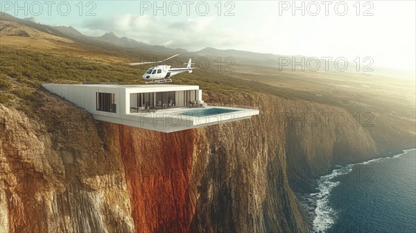 Modern luxury house perched on a cliff with a helicopter and an infinity pool overlooking the