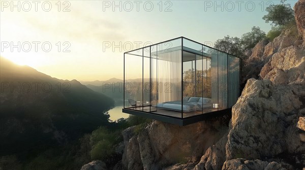 A minimalistic glass house on a cliffside at sunrise, blending modern architecture with natural