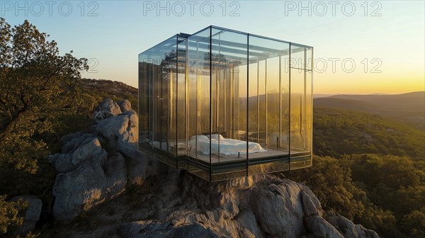 A modern glass structure on a rocky hill at sunrise, offering panoramic views and a serene