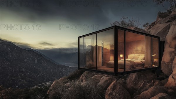 A cozy glass cabin at night, nestled among rocky mountains with warm interior lighting, AI