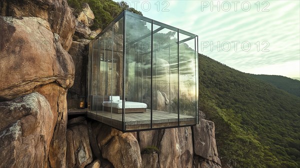 Glass house built into a cliffside overlooking lush mountains and rocks, creating a serene and