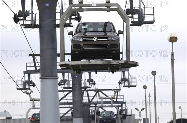 Bratislava, 05.10.2010, VW Touareg sport-utility vehicles are carried by a lift from an assembly