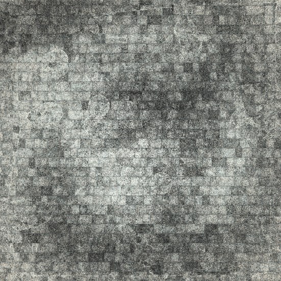 An abstract monochrome artwork featuring a textured mosaic pattern in shades of black, white, and