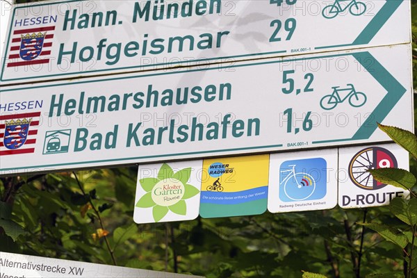 Direction signs to Hannoversch Münden, Hofgeismar, Bad Karlshafen, distance, symbol, various