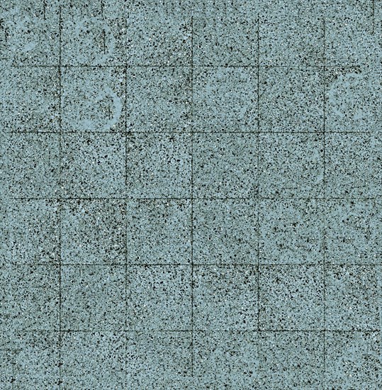 Worn blue speckled tiles with a visible grid pattern, creating a rough, textured surface