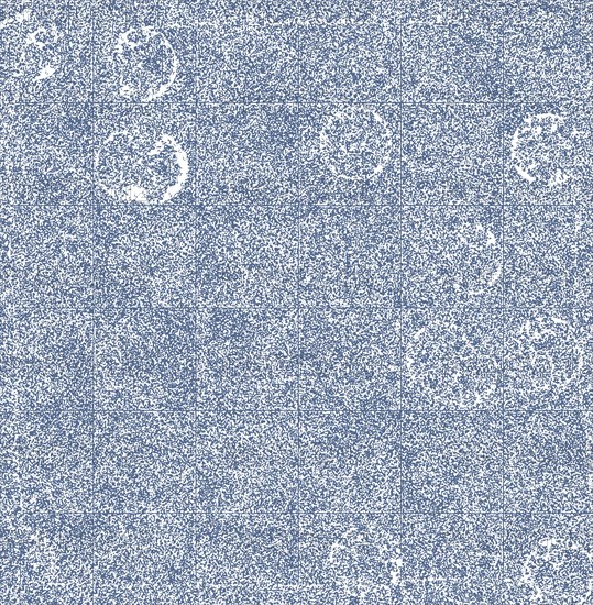 Pixelated abstract pattern with blue and white colors and circular textures