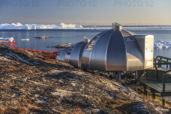 Igloos, Igloo Hotel, Hotel Arctic in Midnight Sun, Ilulissat, Disko Bay, West Greenland, Greenland,